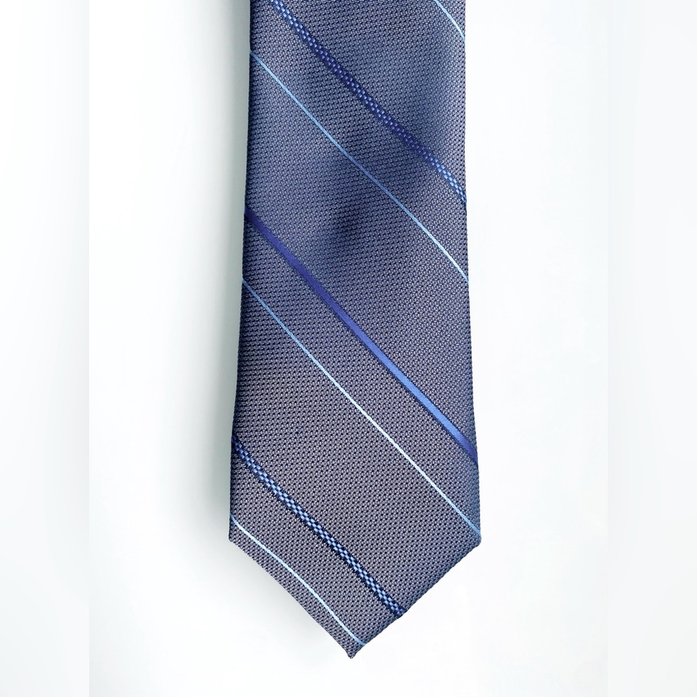 JF J.Ferrar Navy and Light Blue Grey Striped Tie